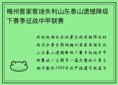 梅州客家客场失利山东泰山遗憾降级下赛季征战中甲联赛 梅州客家客场失利山东泰山遗憾降级下赛季征战中甲联赛