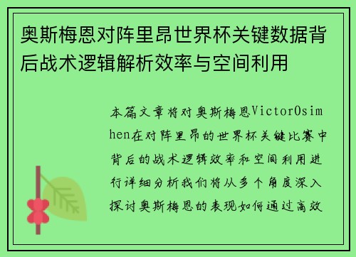 奥斯梅恩对阵里昂世界杯关键数据背后战术逻辑解析效率与空间利用